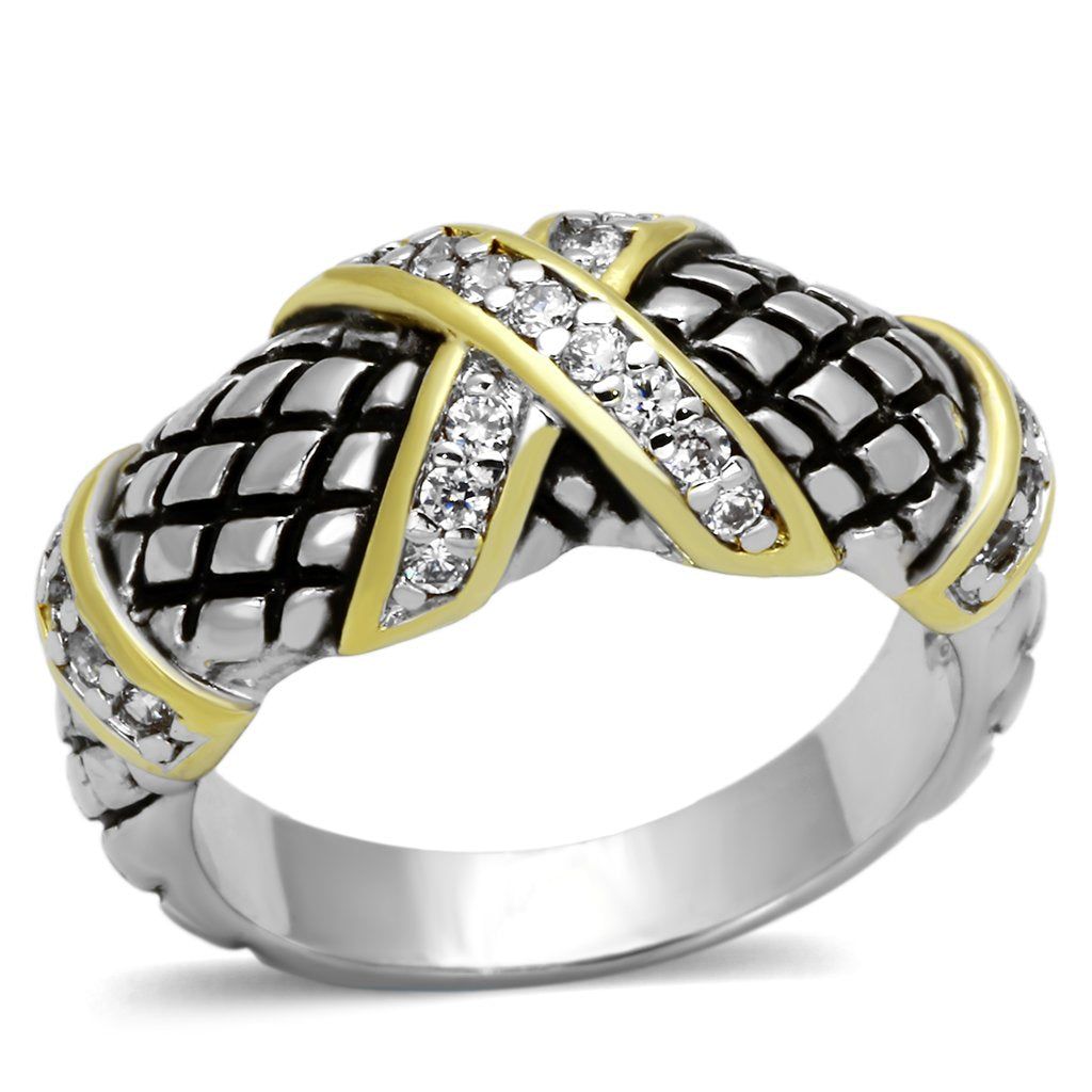 3W314 - Reverse Two-Tone Brass Ring with AAA Grade CZ  in Clear LuxuryLifeWay Online Store