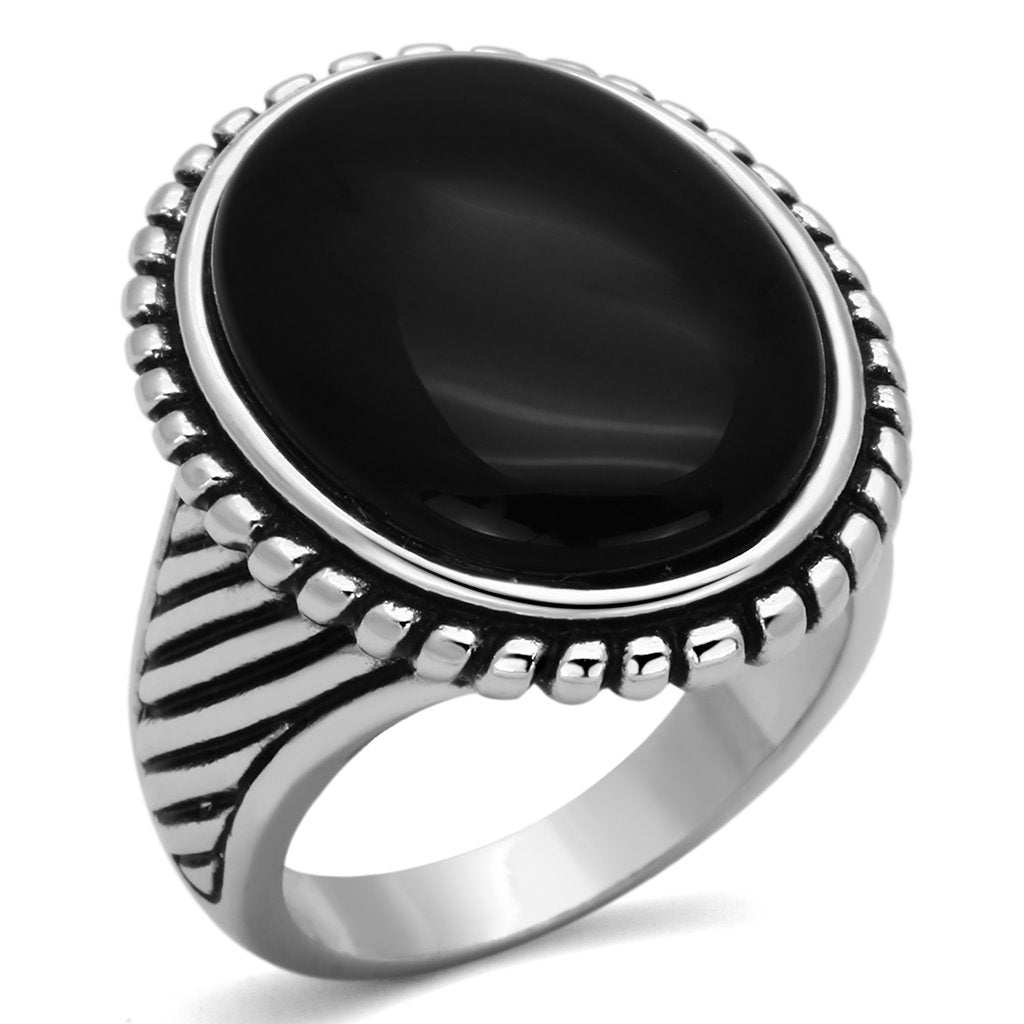 3w318 - Rhodium Brass Ring with Semi-Precious Onyx in Jet LuxuryLifeWay Online Store