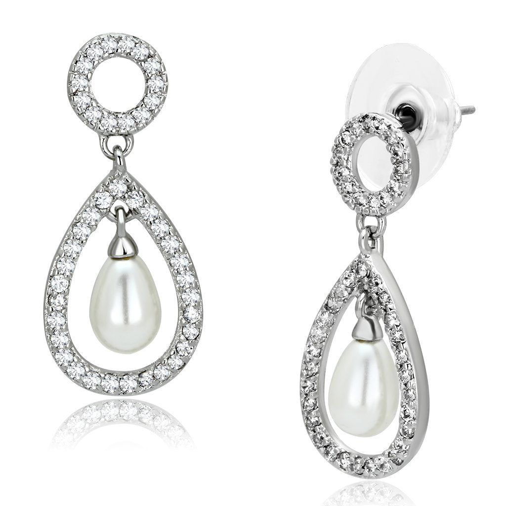 3W341 - Rhodium Brass Earrings with Synthetic Pearl in White LuxuryLifeWay Online Store
