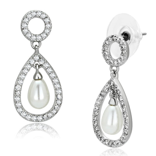 3W341 - Rhodium Brass Earrings with Synthetic Pearl in White LuxuryLifeWay Online Store