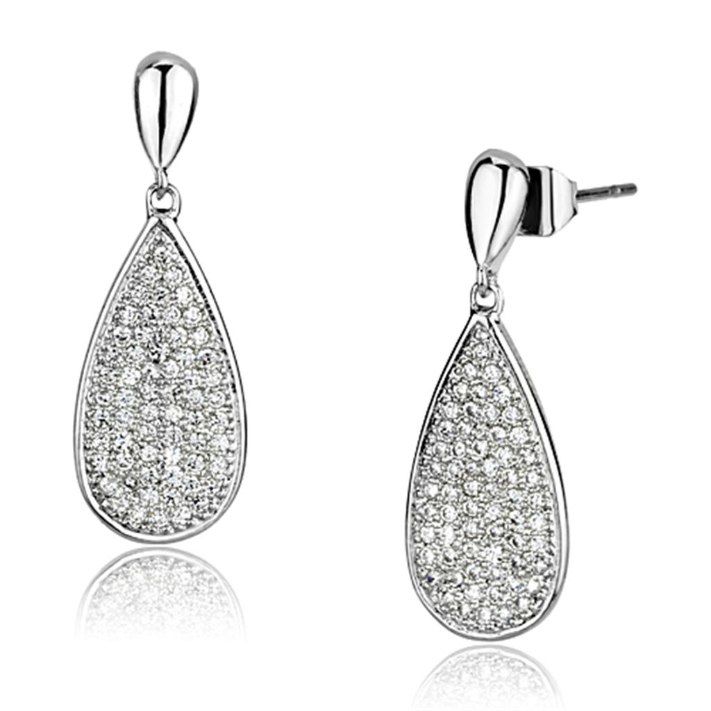 3W380 - Rhodium Brass Earrings with AAA Grade CZ  in Clear LuxuryLifeWay Online Store
