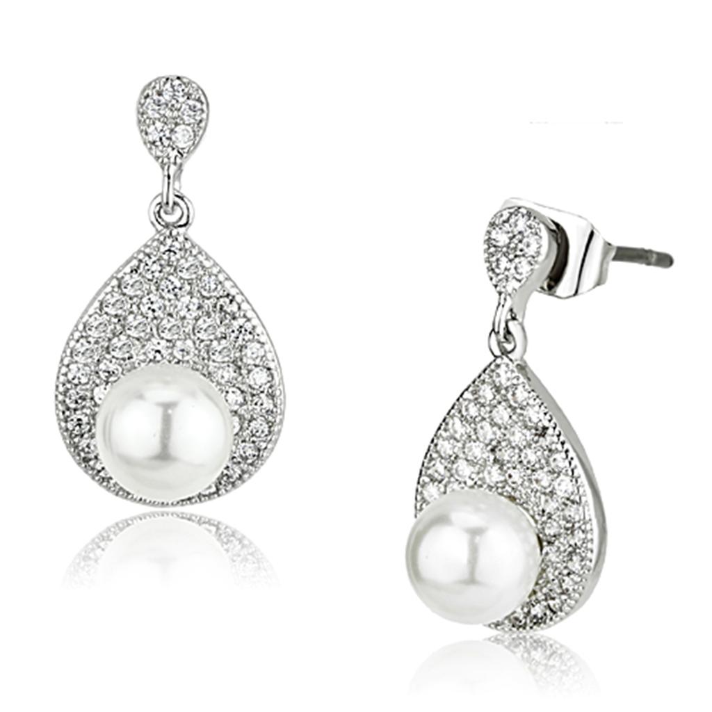 3W384 - Rhodium Brass Earrings with Synthetic Pearl in White LuxuryLifeWay Online Store