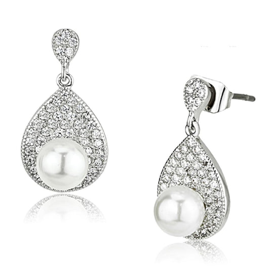3W384 - Rhodium Brass Earrings with Synthetic Pearl in White LuxuryLifeWay Online Store