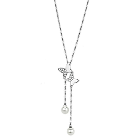 3W442 - Rhodium Brass Necklace with Synthetic Pearl in White LuxuryLifeWay Online Store