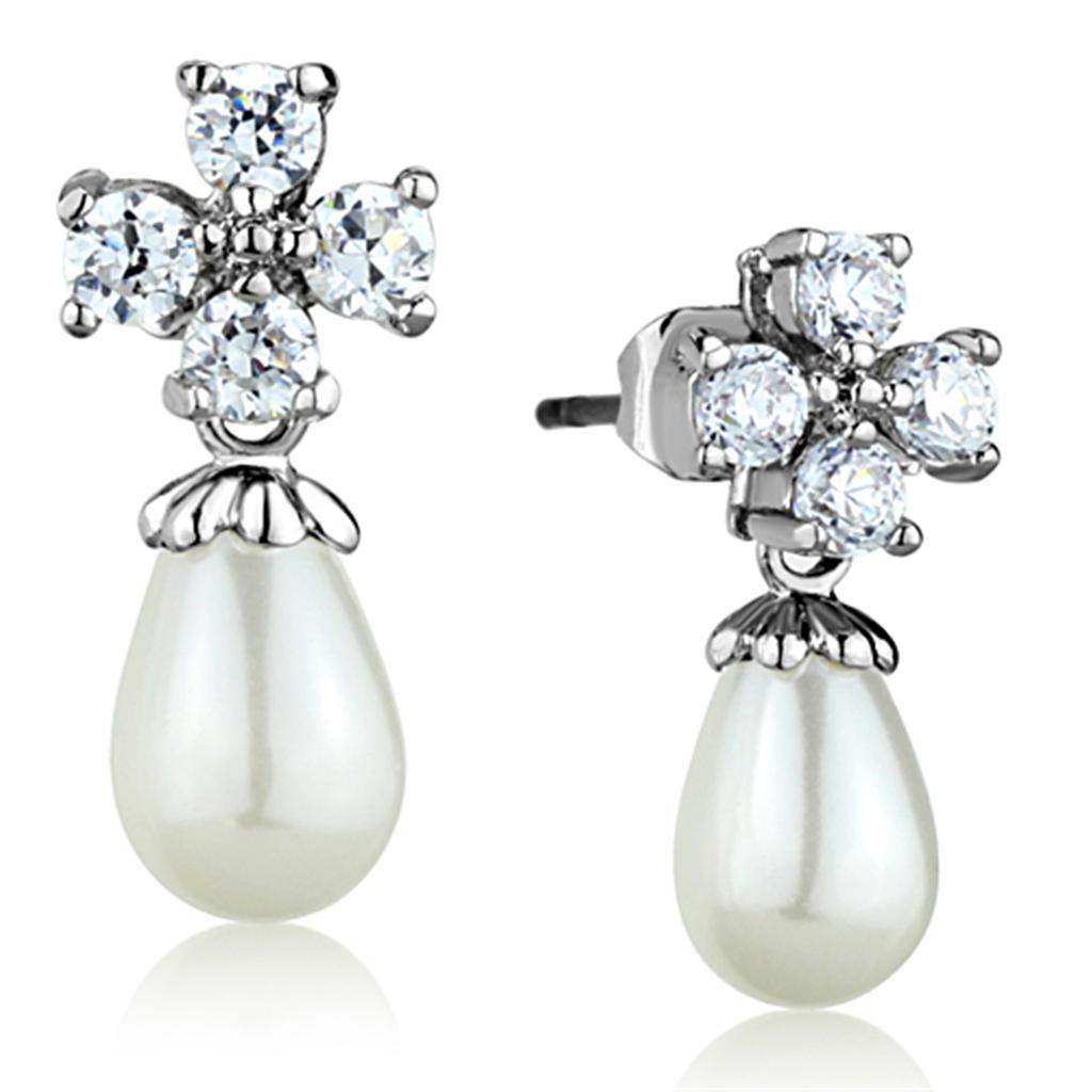 3W672 - Rhodium Brass Earrings with Synthetic Pearl in White LuxuryLifeWay Online Store
