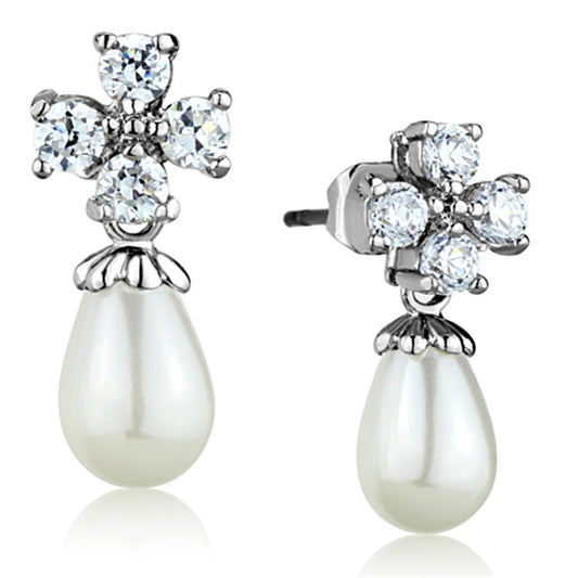 3W672 - Rhodium Brass Earrings with Synthetic Pearl in White LuxuryLifeWay Online Store
