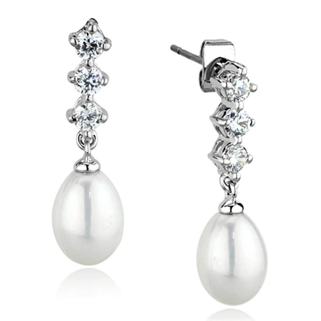 3W679 - Rhodium Brass Earrings with Semi-Precious Pearl in White LuxuryLifeWay Online Store
