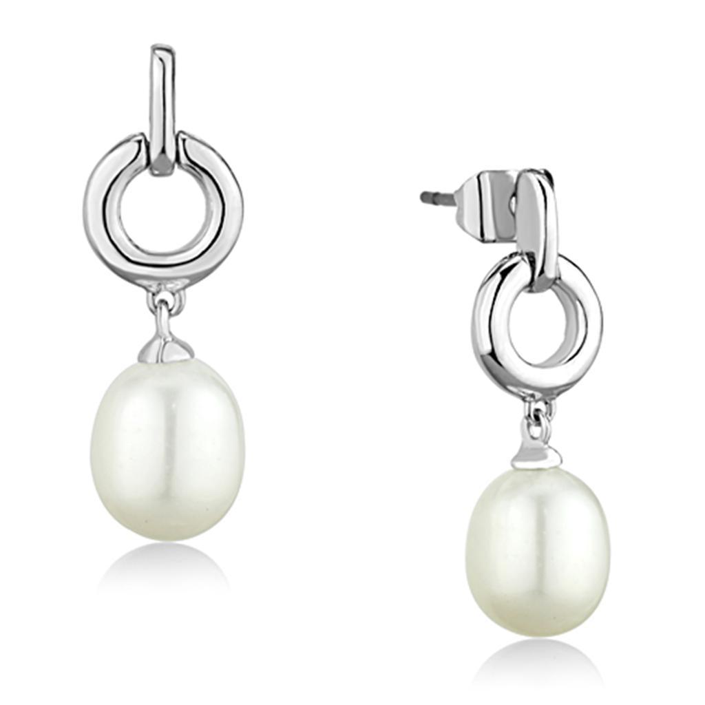 3W684 - Rhodium Brass Earrings with Synthetic Pearl in White LuxuryLifeWay Online Store