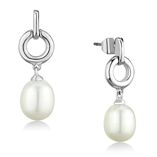 3W684 - Rhodium Brass Earrings with Synthetic Pearl in White LuxuryLifeWay Online Store