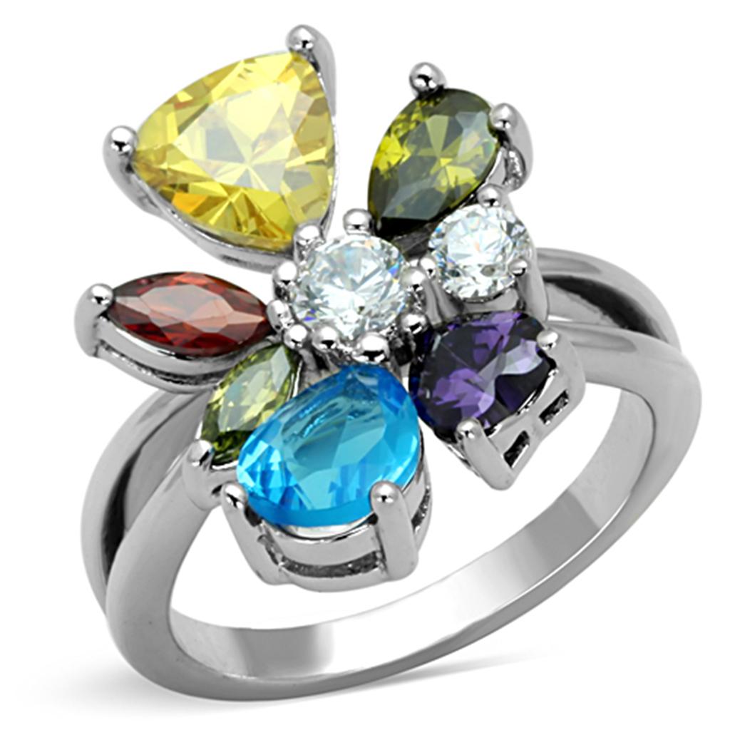 Jaime Cocktail Ring - Rhodium Brass, AAA CZ , Multi Color - 3W789 LuxuryLifeWay Online Store