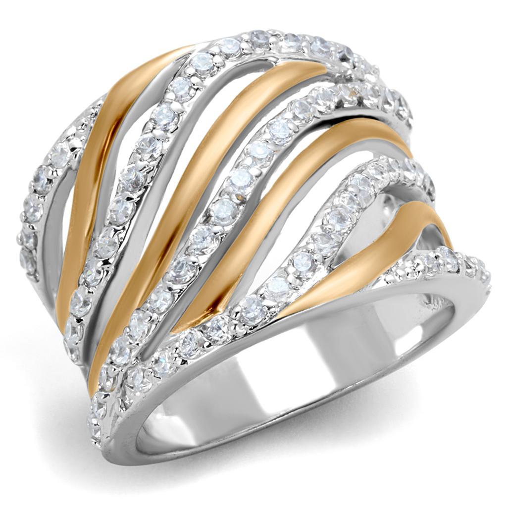 3W857 - Rose Gold + Rhodium Brass Ring with AAA Grade CZ  in Clear LuxuryLifeWay Online Store