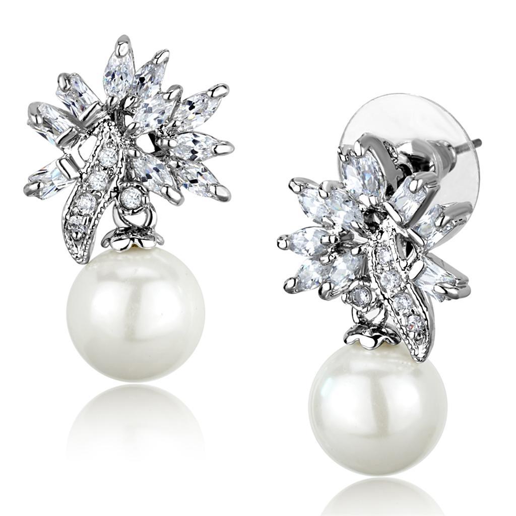 3W888 - Rhodium Brass Earrings with Synthetic Pearl in White LuxuryLifeWay Online Store