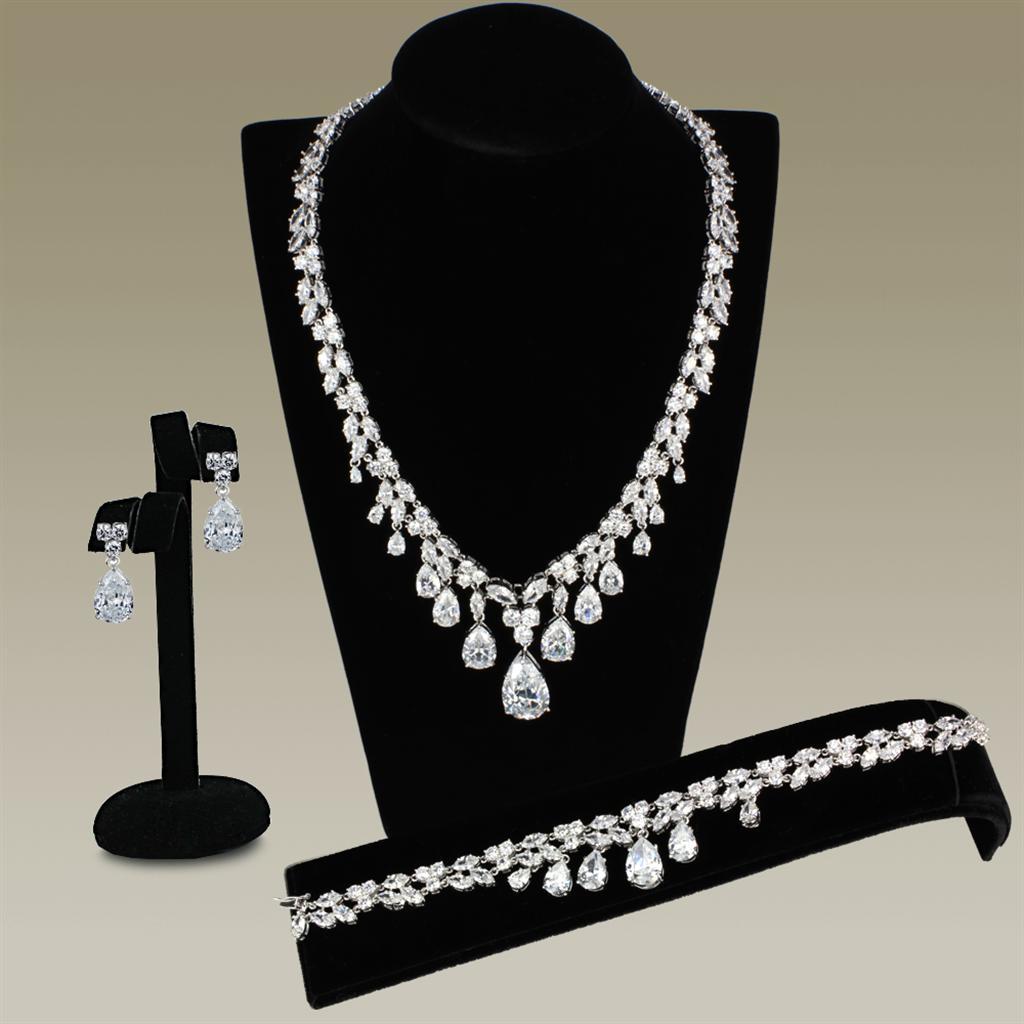 3W925 - Rhodium Brass Jewelry Sets with AAA Grade CZ  in Clear LuxuryLifeWay Online Store