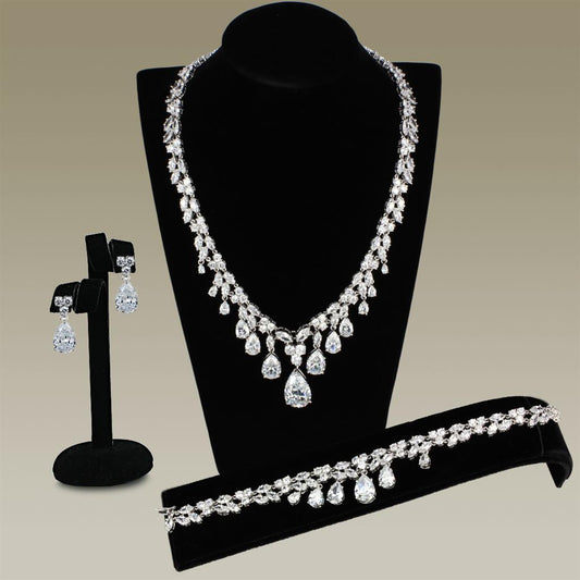 3W925 - Rhodium Brass Jewelry Sets with AAA Grade CZ  in Clear LuxuryLifeWay Online Store