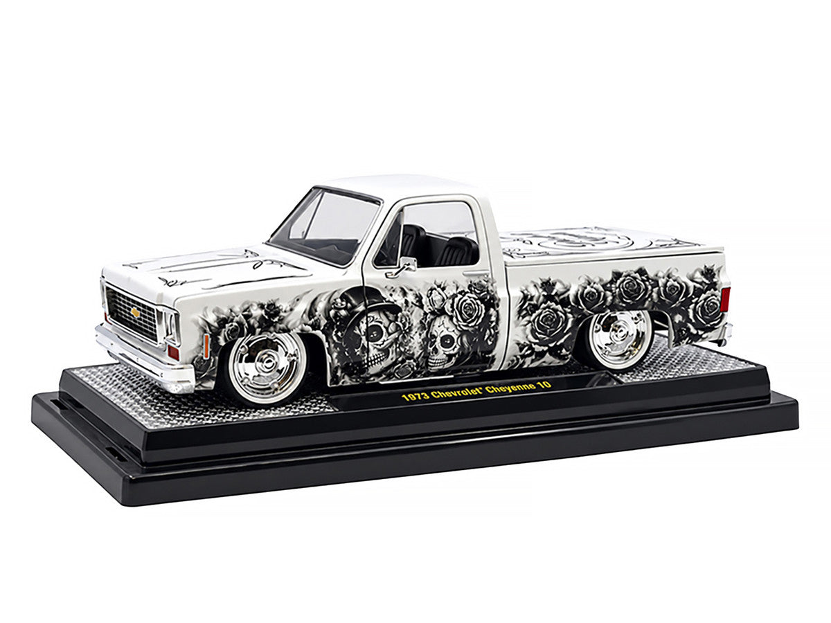 1973 Chevrolet Cheyenne 10 Pickup Truck "Dia de los Muertos" White with Graphics Limited Edition to 2500 pieces Worldwide 1/24 Diecast Model Car by M2 Machines LuxuryLifeWay Online Store