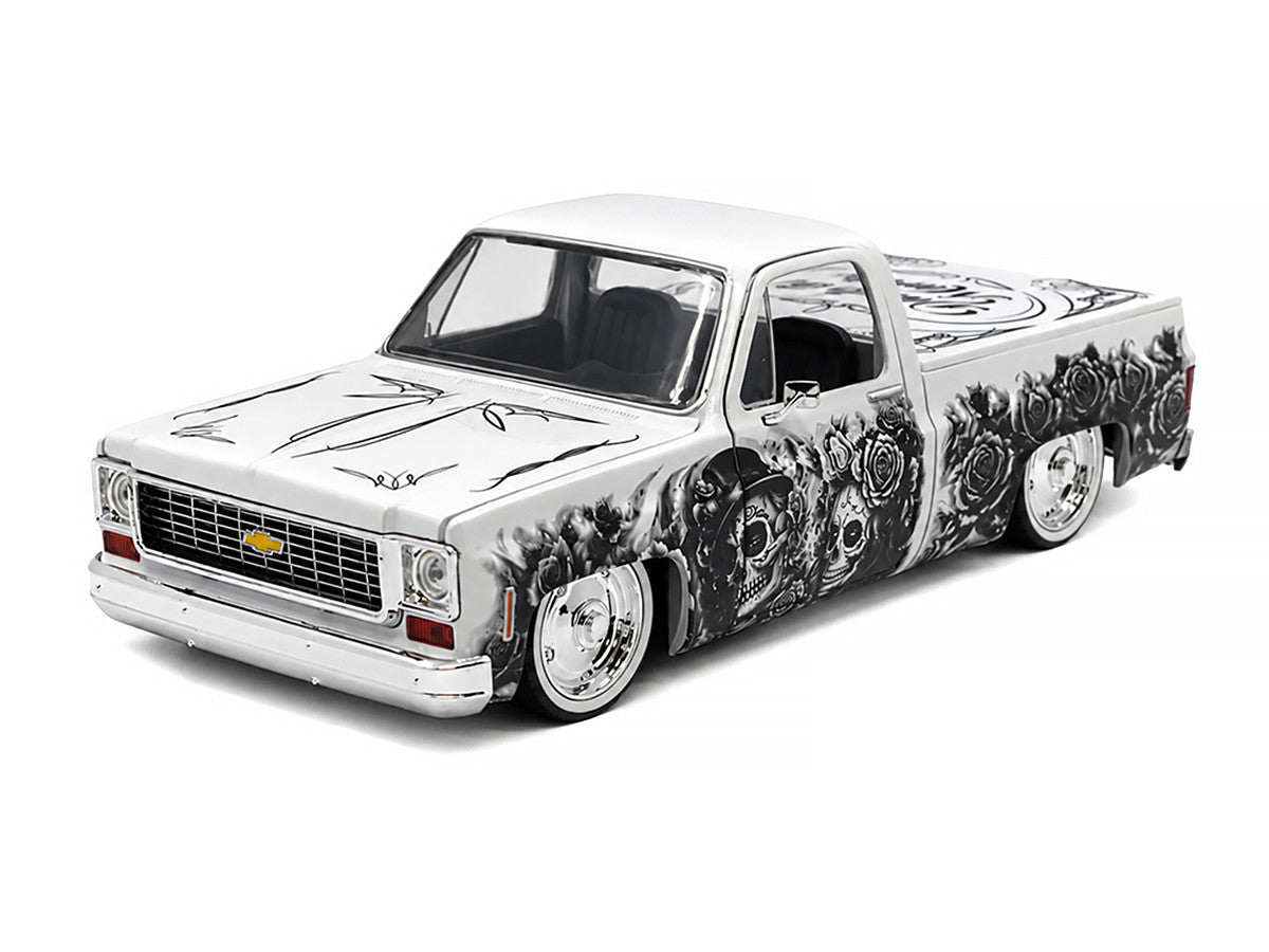 1973 Chevrolet Cheyenne 10 Pickup Truck "Dia de los Muertos" White with Graphics Limited Edition to 2500 pieces Worldwide 1/24 Diecast Model Car by M2 Machines LuxuryLifeWay Online Store