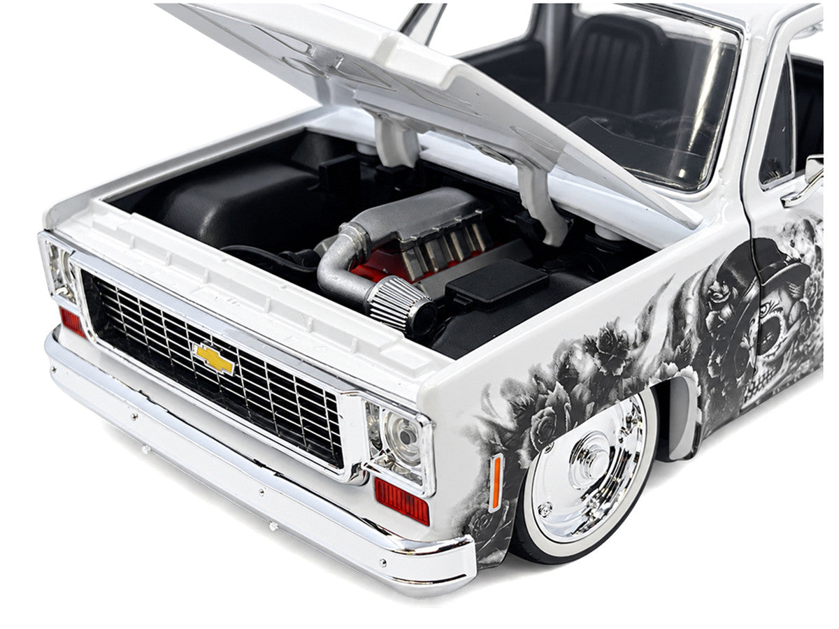 1973 Chevrolet Cheyenne 10 Pickup Truck "Dia de los Muertos" White with Graphics Limited Edition to 2500 pieces Worldwide 1/24 Diecast Model Car by M2 Machines LuxuryLifeWay Online Store