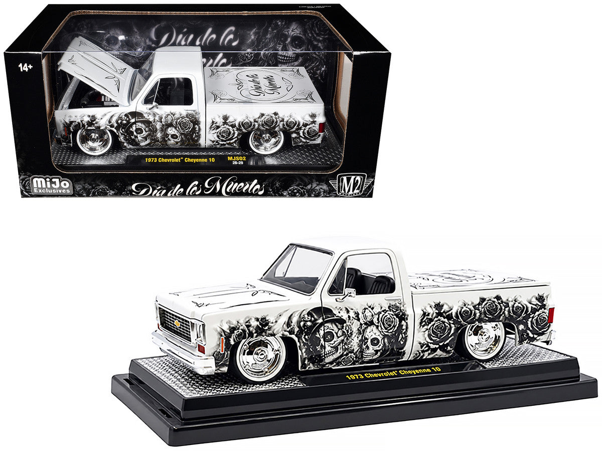 1973 Chevrolet Cheyenne 10 Pickup Truck "Dia de los Muertos" White with Graphics Limited Edition to 2500 pieces Worldwide 1/24 Diecast Model Car by M2 Machines LuxuryLifeWay Online Store