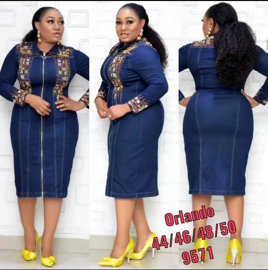 Washed Denim Print African Dress Women NorixaFashion.com