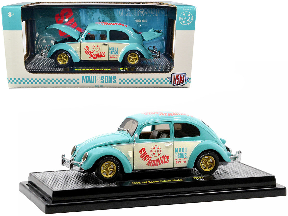 1952 Volkswagen Beetle Deluxe Model Light Blue and Wimbledon White “Maui & Sons” Limited Edition to 3850 pieces Worldwide 1/24 Diecast Model Car by M2 Machines LuxuryLifeWay Online Store