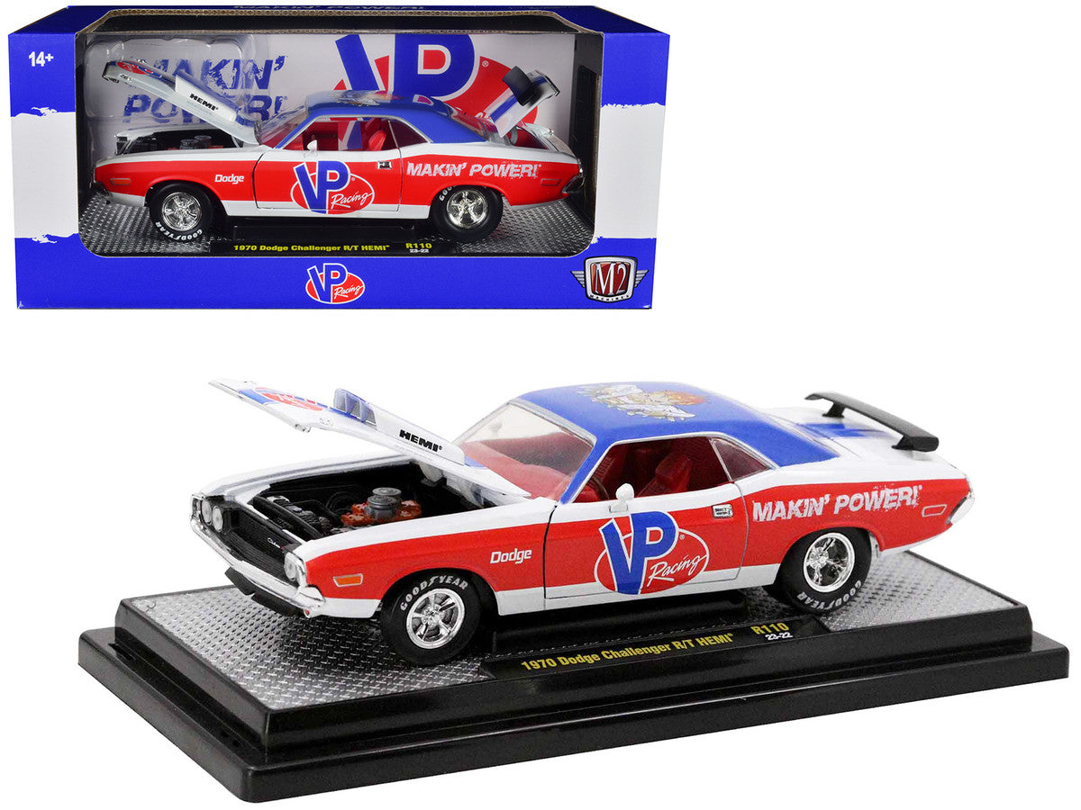 1970 Dodge Challenger R/T Hemi White with Red and Blue Stripes with Red Interior "VP Racing" Limited Edition to 5710 pieces Worldwide 1/24 Diecast Model Car by M2 Machines LuxuryLifeWay Online Store
