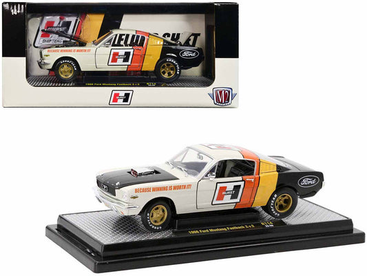 1966 Ford Mustang Fastback 2+2 Off White and Black with Red and Yellow Stripes "Hurst Shifters" Limited Edition to 6000 pieces Worldwide 1/24 Diecast Model Car by M2 Machines LuxuryLifeWay Online Store