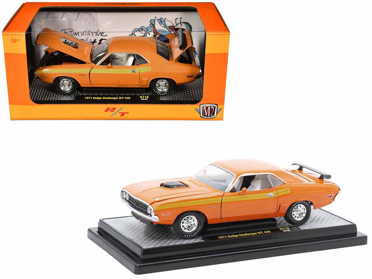 1971 Dodge Challenger R/T 440 Orange with Yellow Stripes and White Interior Limited Edition to 5250 pieces Worldwide 1/24 Diecast Model Car by M2 Machines LuxuryLifeWay Online Store
