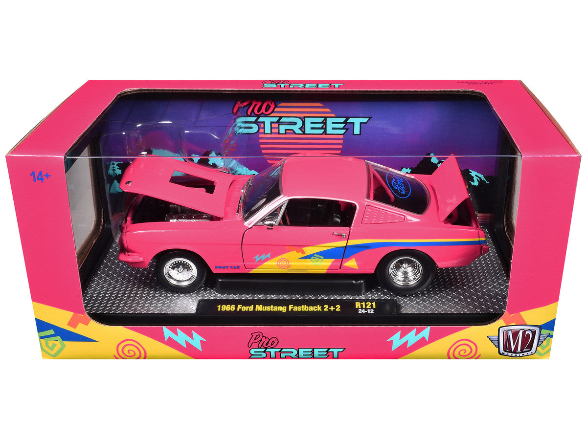 1966 Ford Mustang Fastback 2+2 Pink with Blue and Yellow Stripes "Pro Street" Limited Edition to 6250 pieces Worldwide 1/24 Diecast Model Car by M2 Machines LuxuryLifeWay Online Store