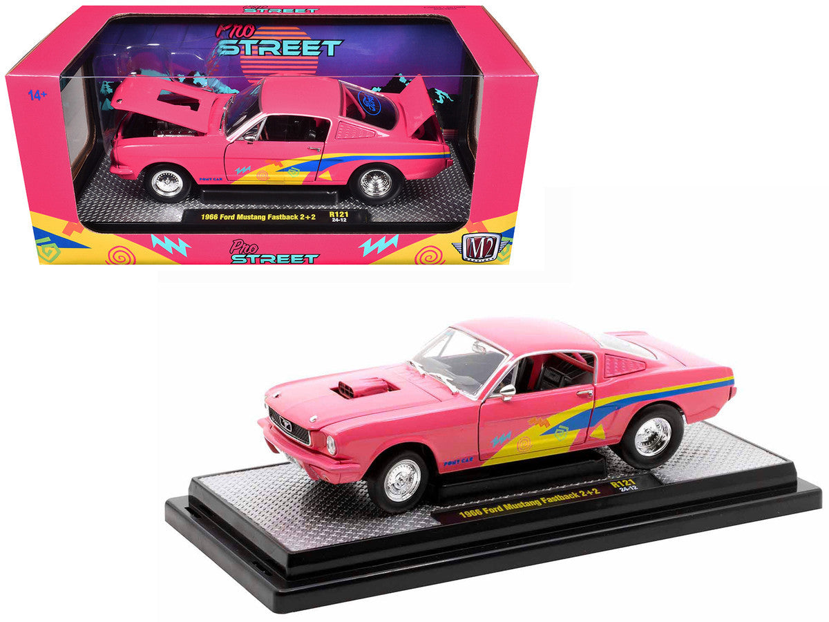 1966 Ford Mustang Fastback 2+2 Pink with Blue and Yellow Stripes "Pro Street" Limited Edition to 6250 pieces Worldwide 1/24 Diecast Model Car by M2 Machines LuxuryLifeWay Online Store