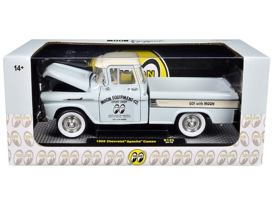 1958 Chevrolet Apache Cameo Pickup Truck "Mooneyes" Light Gray with White Top Limited Edition to 6650 pieces Worldwide 1/24 Diecast Model Car by M2 Machines LuxuryLifeWay Online Store