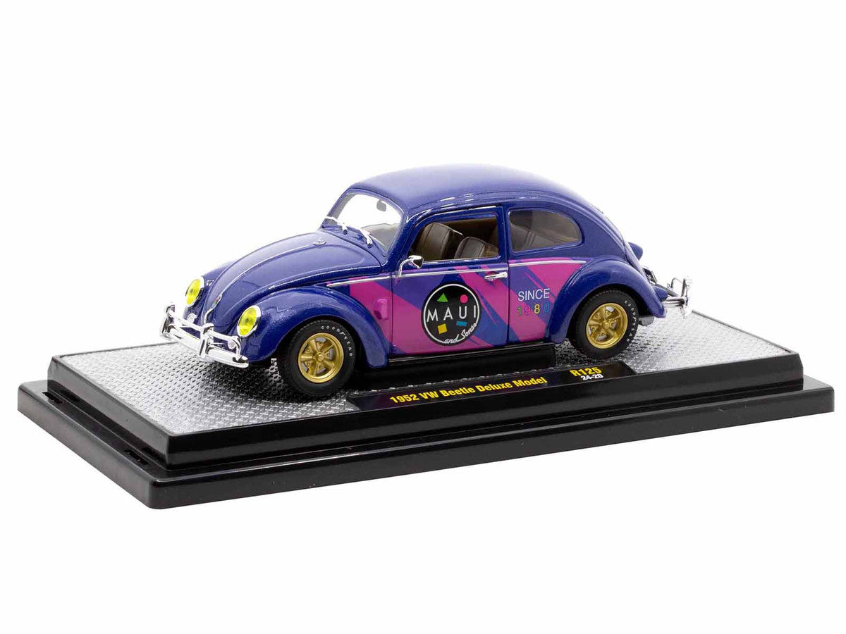 1952 Volkswagen Beetle Deluxe Model "Maui & Sons" Purple Metallic with Graphics Limited Edition to 6650 pieces Worldwide 1/24 Diecast Model Car by M2 Machines LuxuryLifeWay Online Store