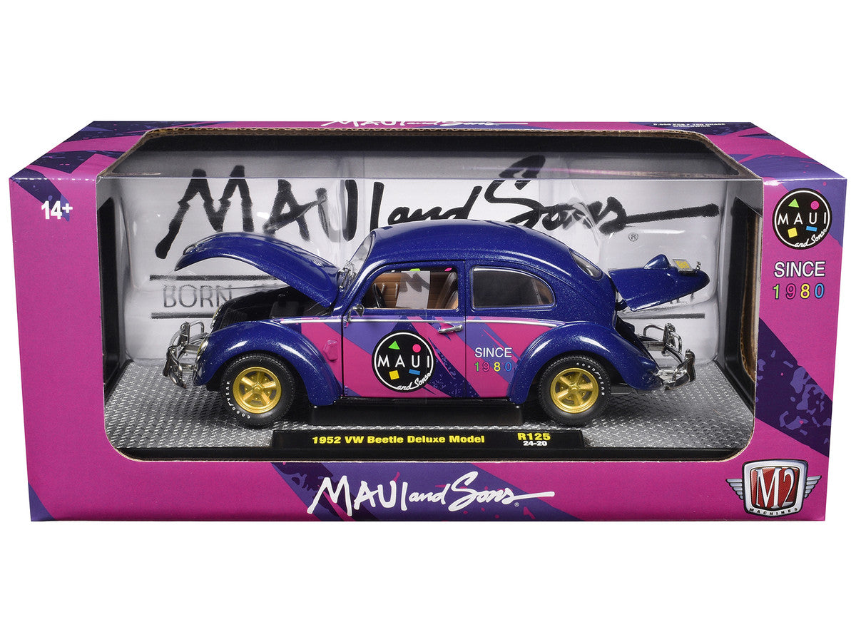 1952 Volkswagen Beetle Deluxe Model "Maui & Sons" Purple Metallic with Graphics Limited Edition to 6650 pieces Worldwide 1/24 Diecast Model Car by M2 Machines LuxuryLifeWay Online Store
