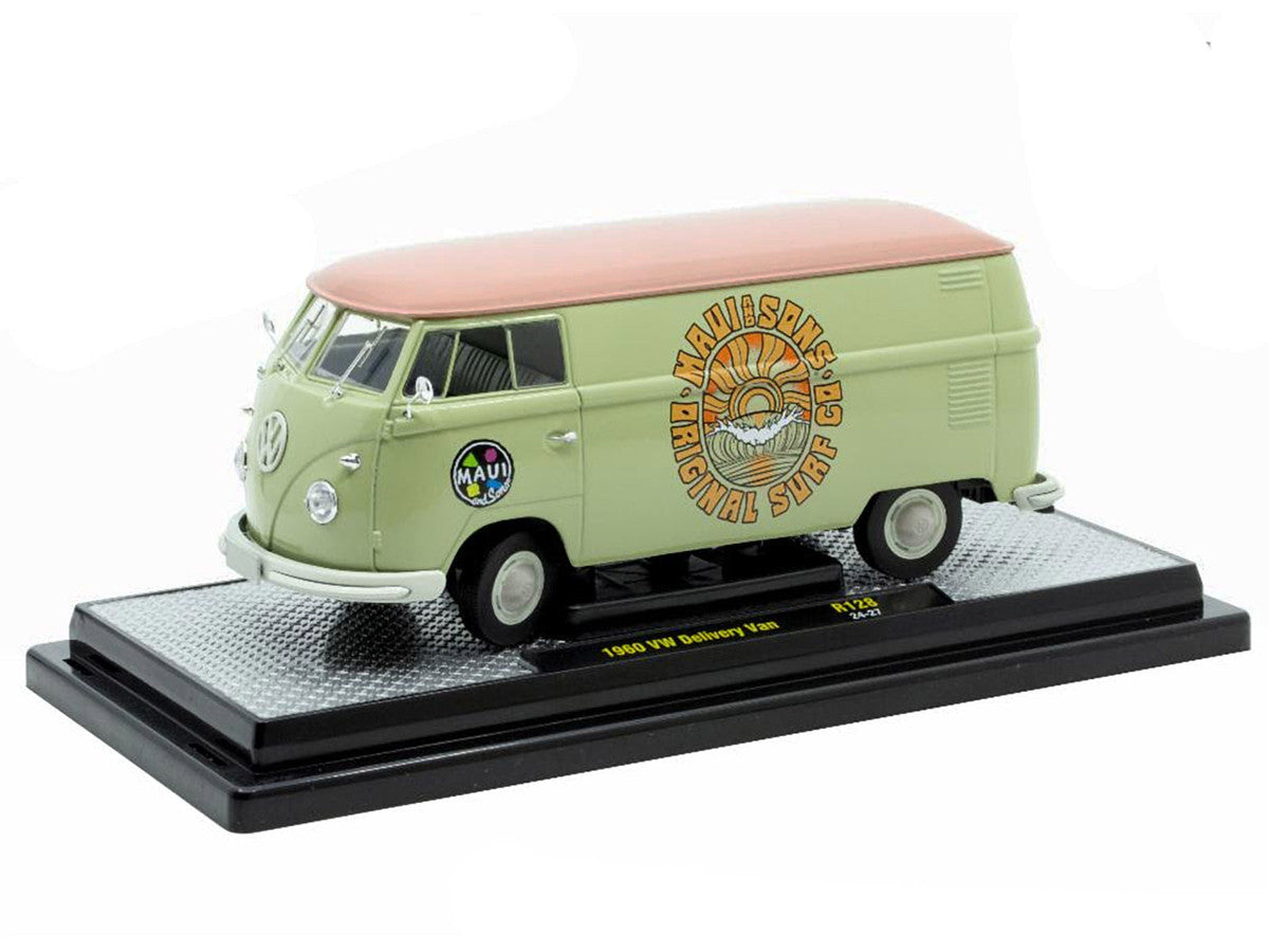 1960 Volkswagen Delivery Van "Maui & Sons" Light Olive Green with Salmon Top Limited Edition to 6650 pieces Worldwide 1/24 Diecast Model Car by M2 Machines LuxuryLifeWay Online Store