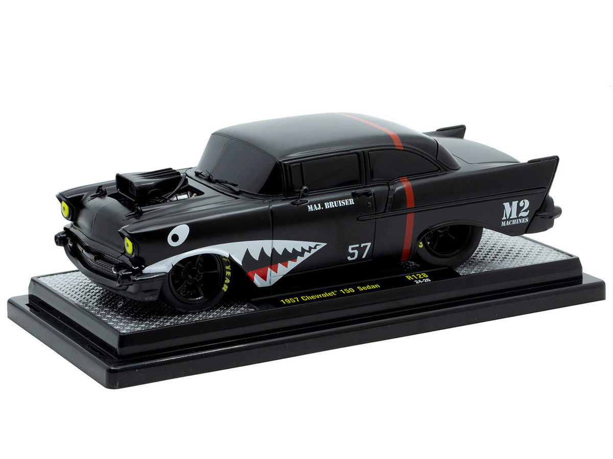 1957 Chevrolet 150 Sedan "Maj. Bruiser" Matt Black with Red Stripe and Shark Mouth Graphics Limited Edition to 6650 pieces Worldwide 1/24 Diecast Model Car by M2 Machines LuxuryLifeWay Online Store