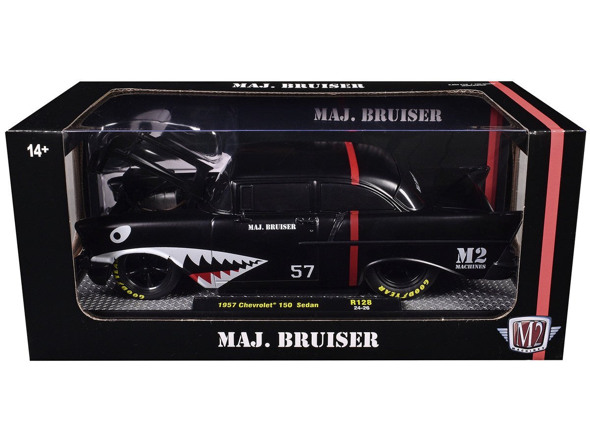 1957 Chevrolet 150 Sedan "Maj. Bruiser" Matt Black with Red Stripe and Shark Mouth Graphics Limited Edition to 6650 pieces Worldwide 1/24 Diecast Model Car by M2 Machines LuxuryLifeWay Online Store