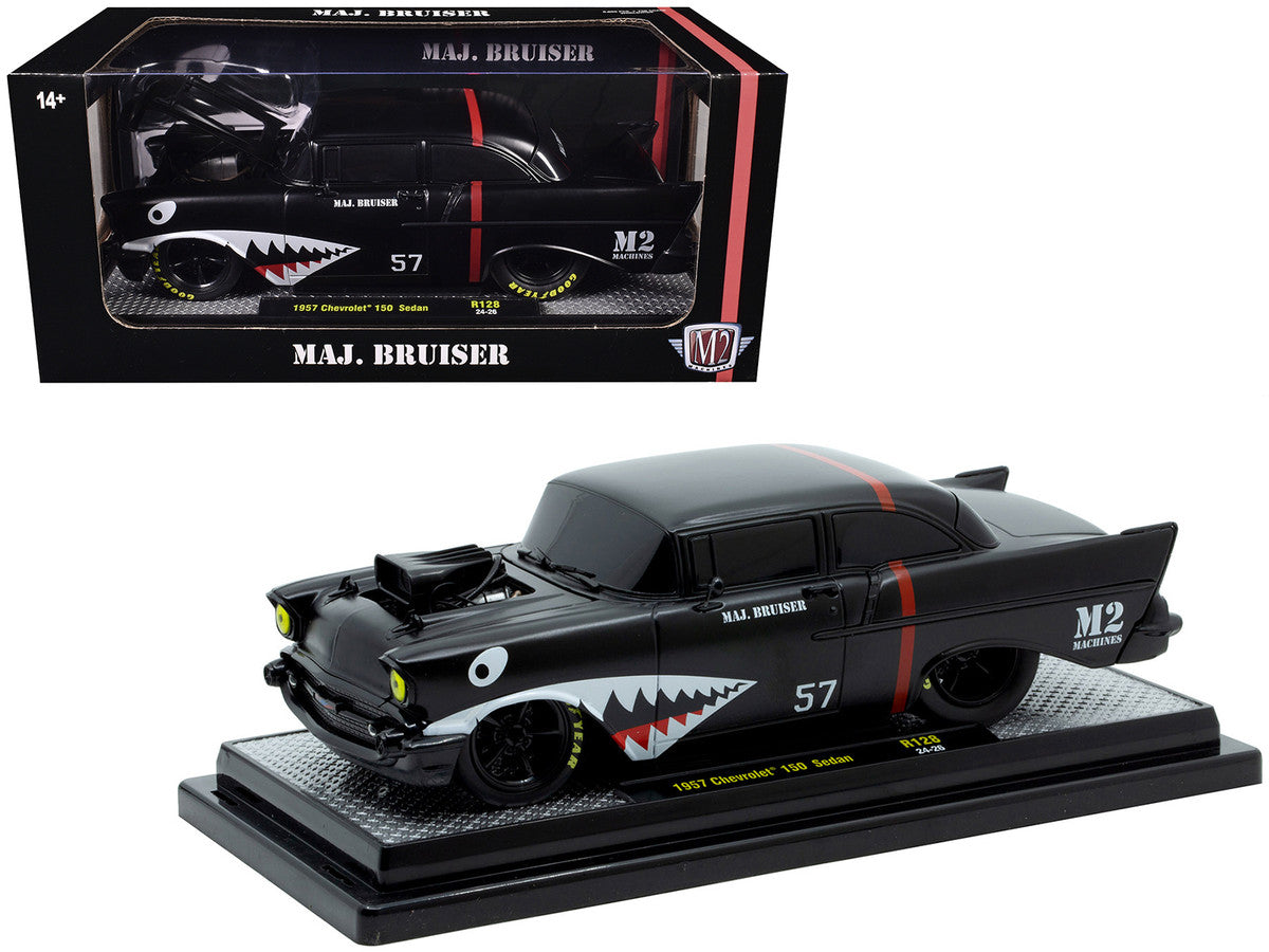 1957 Chevrolet 150 Sedan "Maj. Bruiser" Matt Black with Red Stripe and Shark Mouth Graphics Limited Edition to 6650 pieces Worldwide 1/24 Diecast Model Car by M2 Machines LuxuryLifeWay Online Store