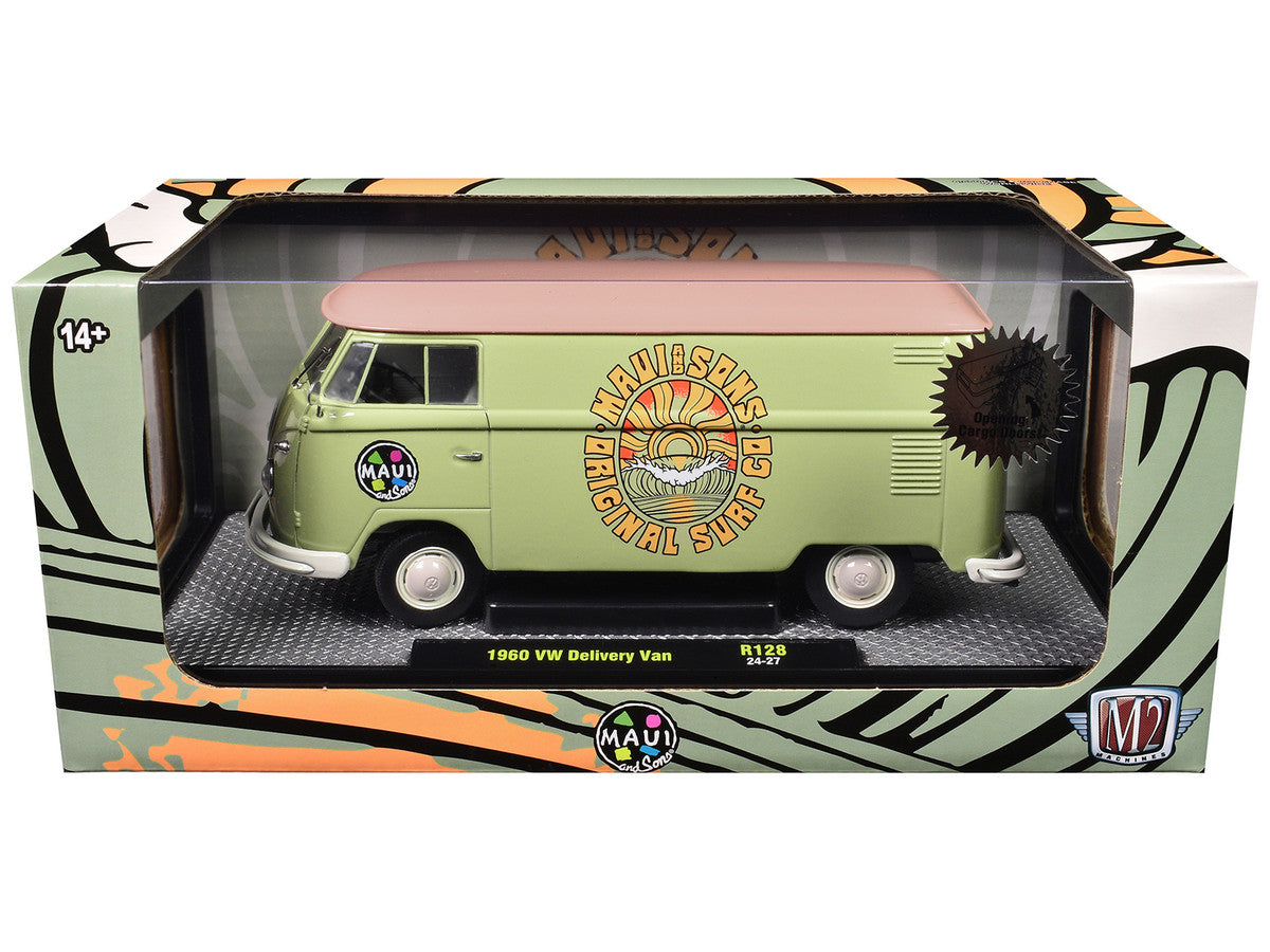1960 Volkswagen Delivery Van "Maui & Sons" Light Olive Green with Salmon Top Limited Edition to 6650 pieces Worldwide 1/24 Diecast Model Car by M2 Machines LuxuryLifeWay Online Store