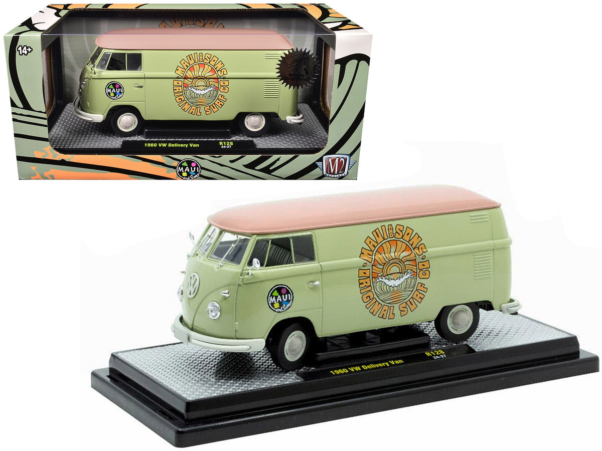 1960 Volkswagen Delivery Van "Maui & Sons" Light Olive Green with Salmon Top Limited Edition to 6650 pieces Worldwide 1/24 Diecast Model Car by M2 Machines LuxuryLifeWay Online Store