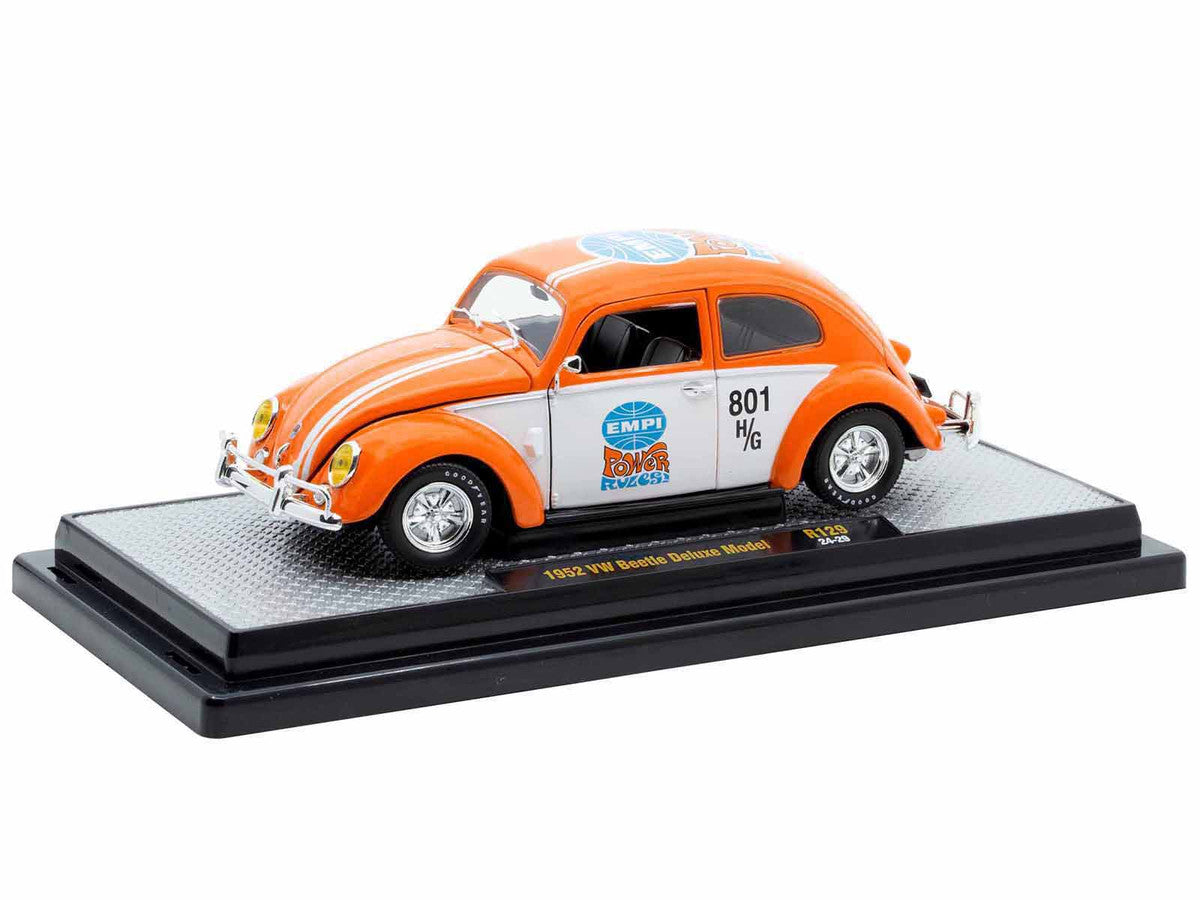 1952 Volkswagen Beetle Deluxe Model "EMPI Power Rules" Orange and White with Graphics Limited Edition to 6650 pieces Worldwide 1/24 Diecast Model Car by M2 Machines LuxuryLifeWay Online Store
