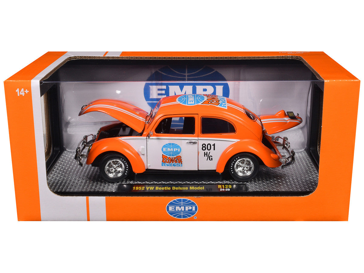 1952 Volkswagen Beetle Deluxe Model "EMPI Power Rules" Orange and White with Graphics Limited Edition to 6650 pieces Worldwide 1/24 Diecast Model Car by M2 Machines LuxuryLifeWay Online Store