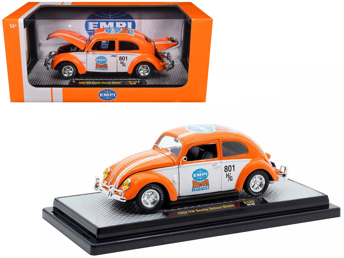 1952 Volkswagen Beetle Deluxe Model "EMPI Power Rules" Orange and White with Graphics Limited Edition to 6650 pieces Worldwide 1/24 Diecast Model Car by M2 Machines LuxuryLifeWay Online Store