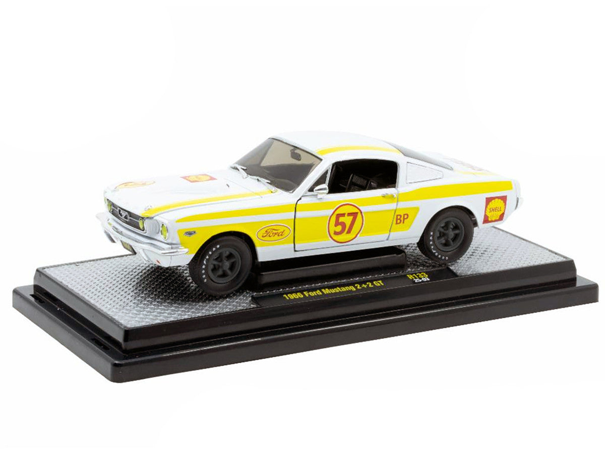 1966 Ford Mustang 2+2 GT #57 "Shell Oil" White with Yellow Stripes Limited Edition to 5650 pieces Worldwide 1/24 Diecast Model Car by M2 Machines LuxuryLifeWay Online Store