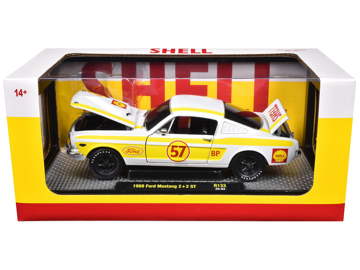 1966 Ford Mustang 2+2 GT #57 "Shell Oil" White with Yellow Stripes Limited Edition to 5650 pieces Worldwide 1/24 Diecast Model Car by M2 Machines LuxuryLifeWay Online Store