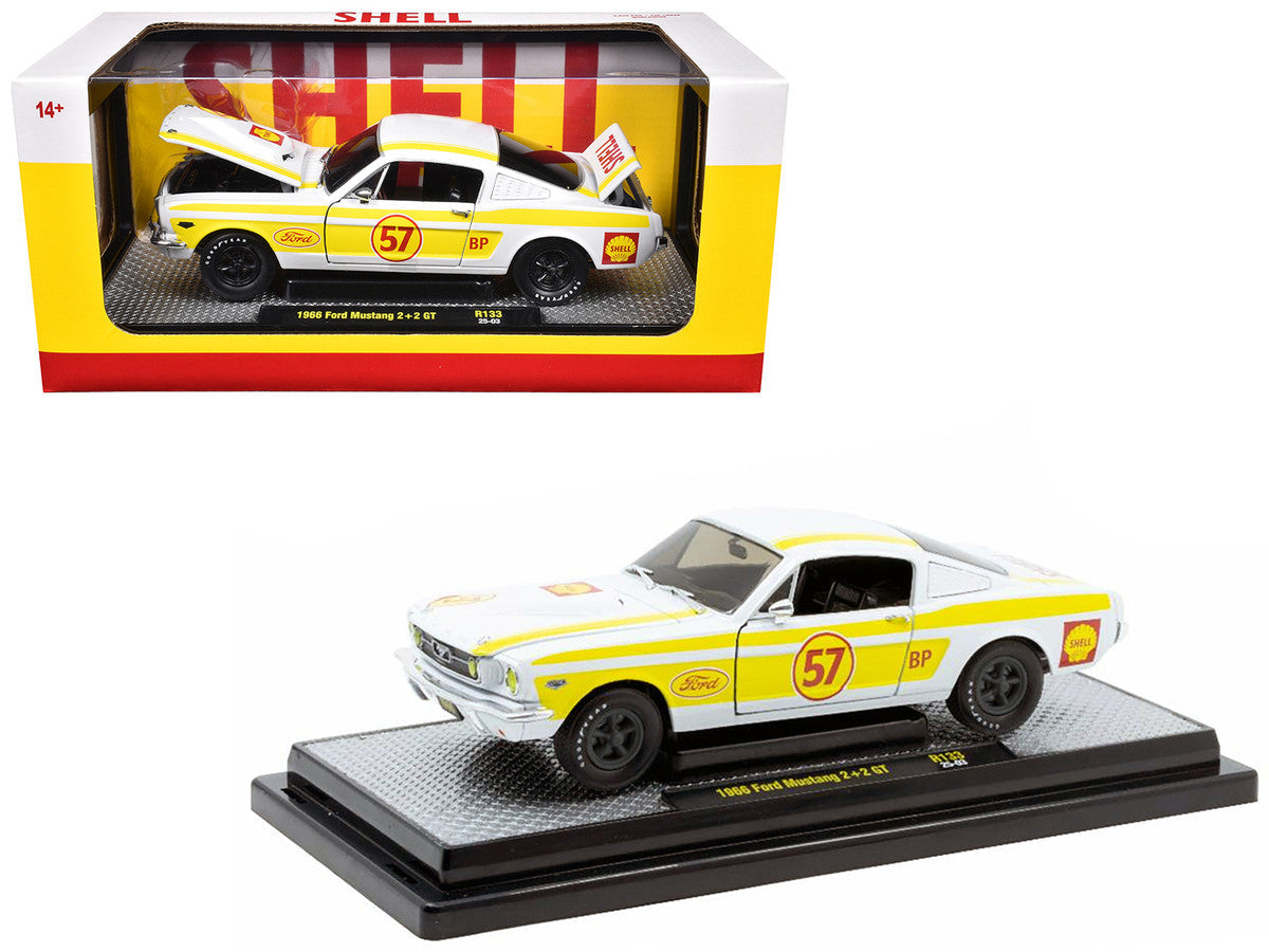 1966 Ford Mustang 2+2 GT #57 "Shell Oil" White with Yellow Stripes Limited Edition to 5650 pieces Worldwide 1/24 Diecast Model Car by M2 Machines LuxuryLifeWay Online Store