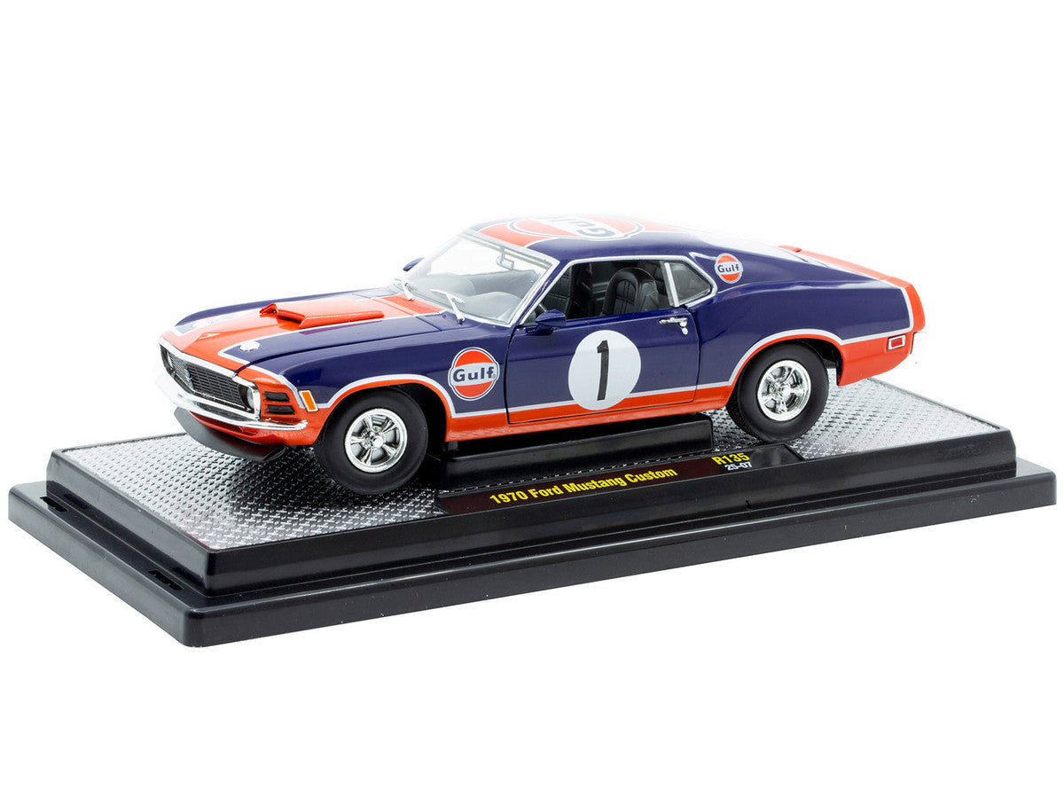 1970 Ford Mustang Custom #1 "Gulf Oil" Dark Blue with Orange Graphics Limited Edition to 7850 pieces Worldwide 1/24 Diecast Model Car by M2 Machines LuxuryLifeWay Online Store