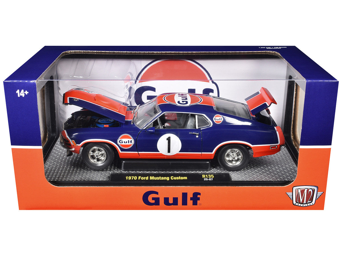 1970 Ford Mustang Custom #1 "Gulf Oil" Dark Blue with Orange Graphics Limited Edition to 7850 pieces Worldwide 1/24 Diecast Model Car by M2 Machines LuxuryLifeWay Online Store