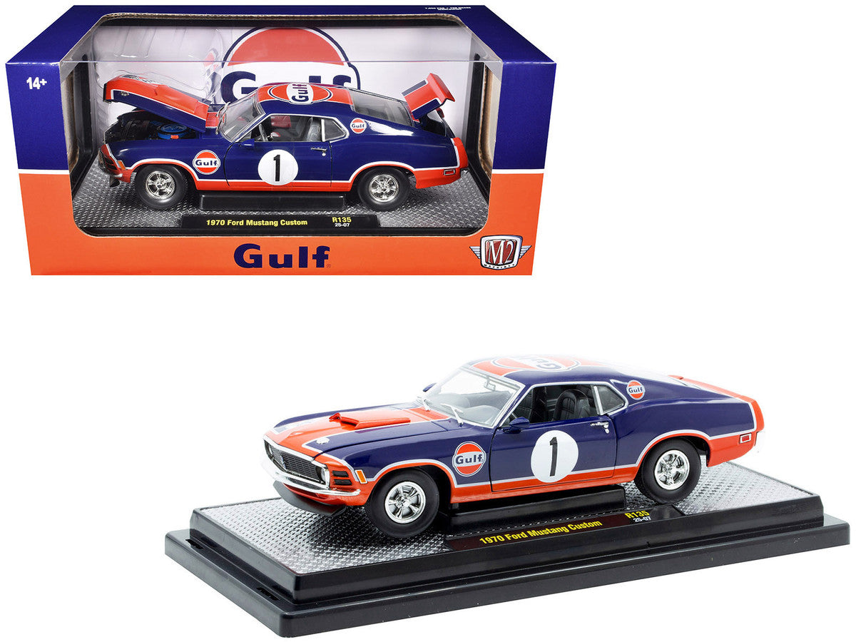 1970 Ford Mustang Custom #1 "Gulf Oil" Dark Blue with Orange Graphics Limited Edition to 7850 pieces Worldwide 1/24 Diecast Model Car by M2 Machines LuxuryLifeWay Online Store