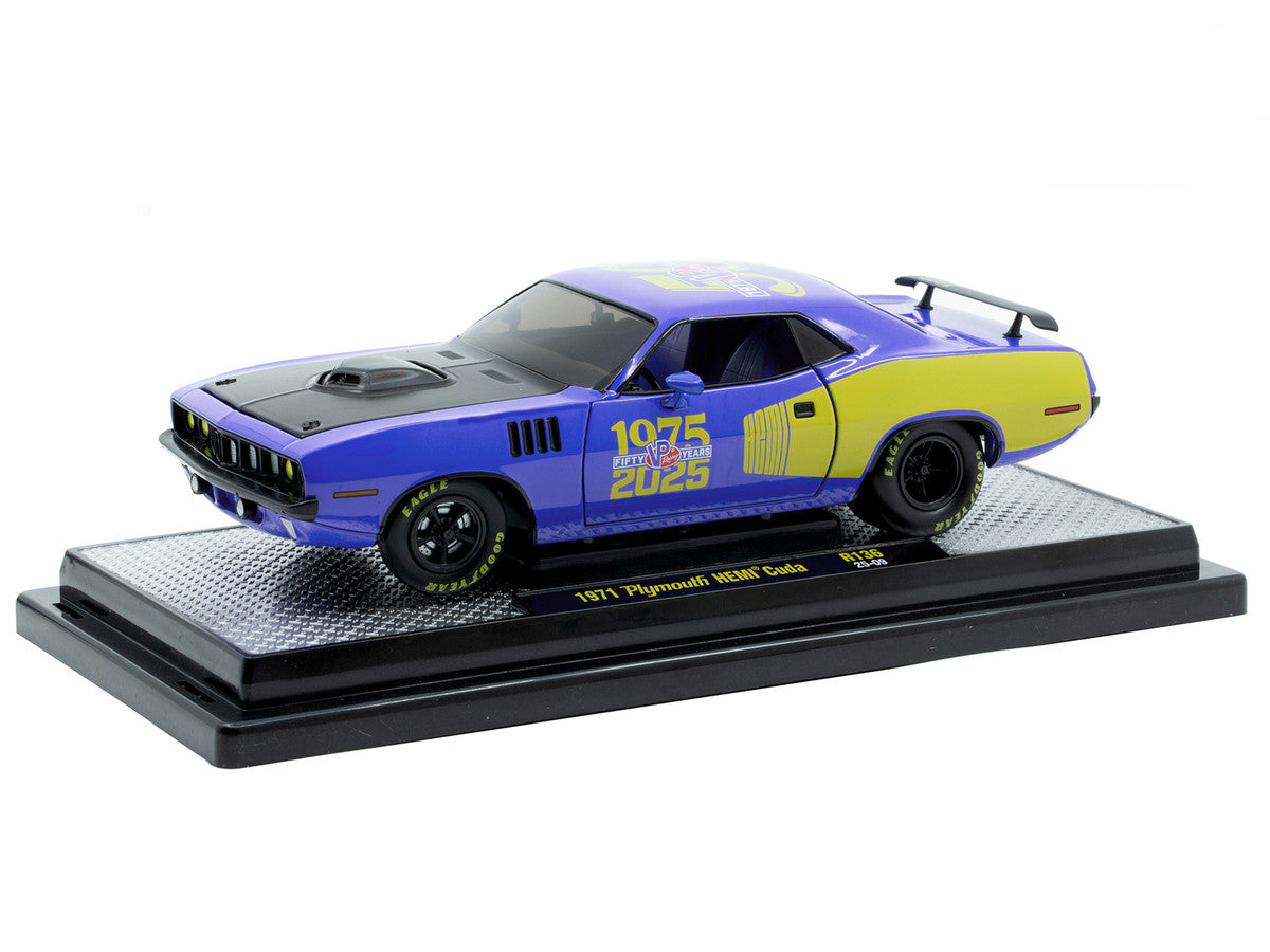 1971 Plymouth Hemi Cuda "VP Racing 50 Years" Blue with Yellow Sides Limited Edition to 8650 pieces Worldwide 1/24 Diecast Model Car by M2 Machines LuxuryLifeWay Online Store