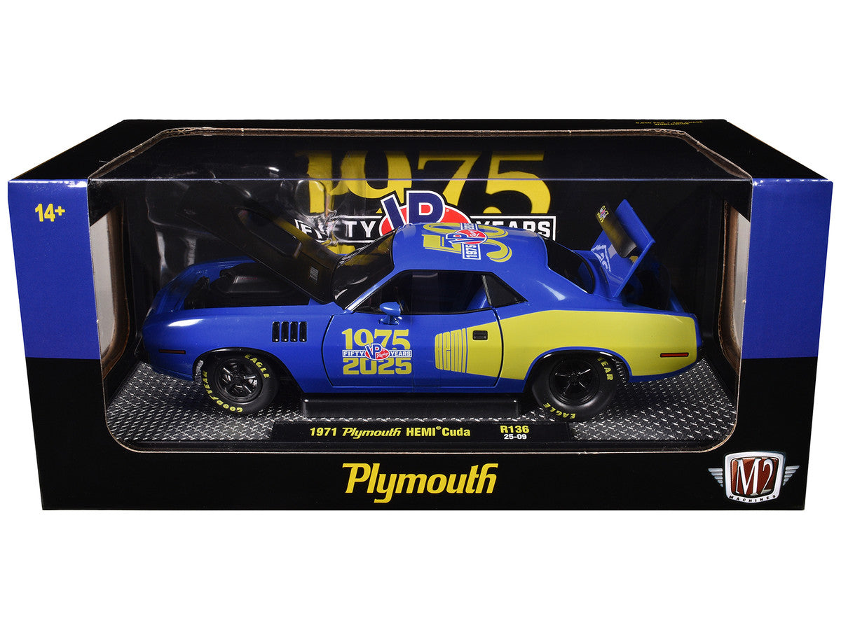 1971 Plymouth Hemi Cuda "VP Racing 50 Years" Blue with Yellow Sides Limited Edition to 8650 pieces Worldwide 1/24 Diecast Model Car by M2 Machines LuxuryLifeWay Online Store