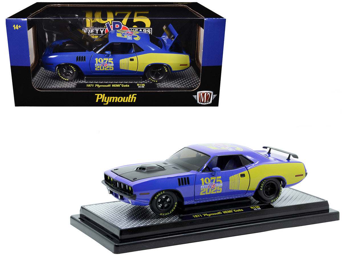 1971 Plymouth Hemi Cuda "VP Racing 50 Years" Blue with Yellow Sides Limited Edition to 8650 pieces Worldwide 1/24 Diecast Model Car by M2 Machines LuxuryLifeWay Online Store